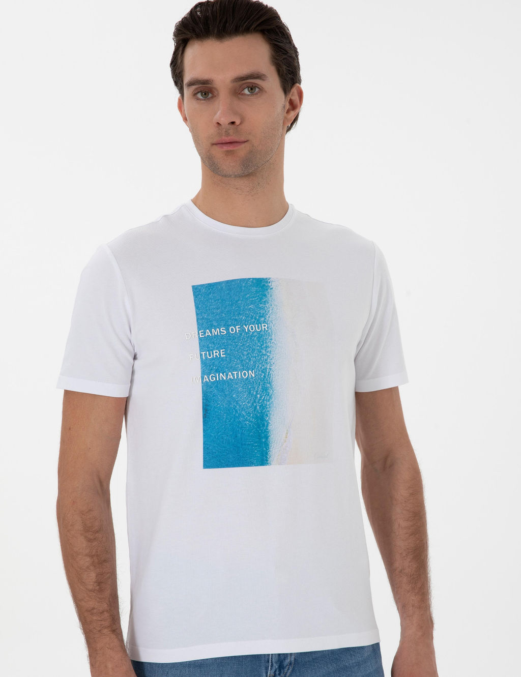 Beyaz Regular Fit Bisiklet Yaka Desenli T-shirt
