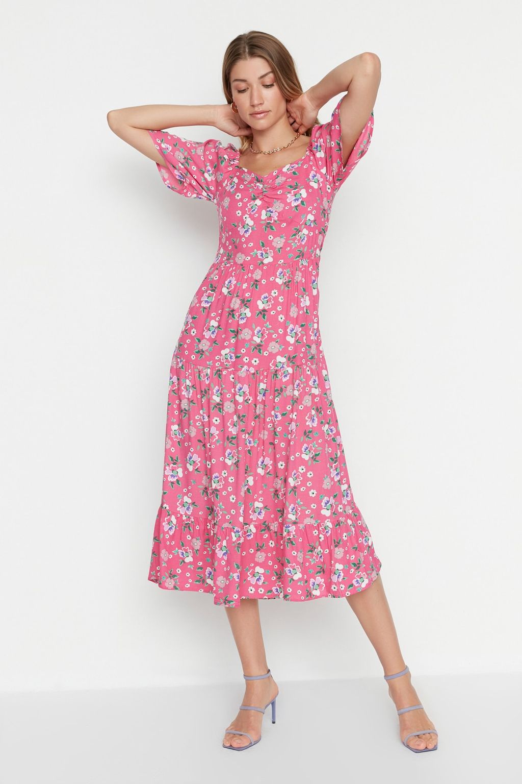 Pembe A Kesim Balon Kollu Cicek Desenli Midi Dokuma Elbise TWOSS20EL2323