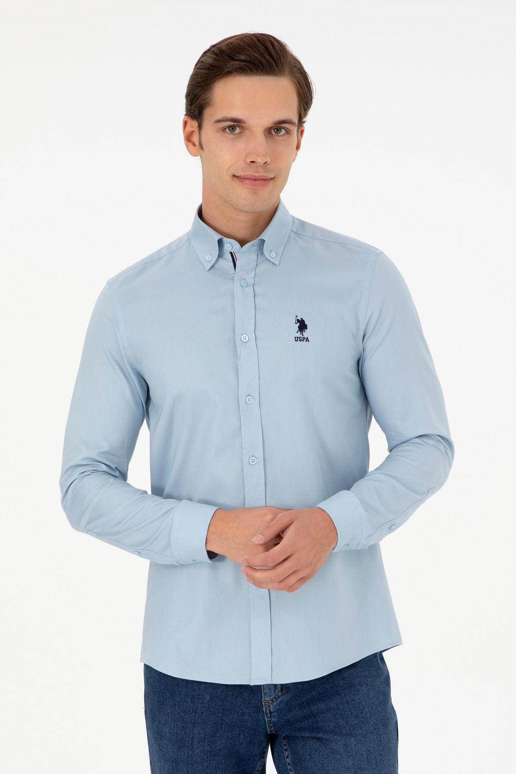 Рубашка мужская U.S. Polo Assn с длинным рукавом голубая  фото 8