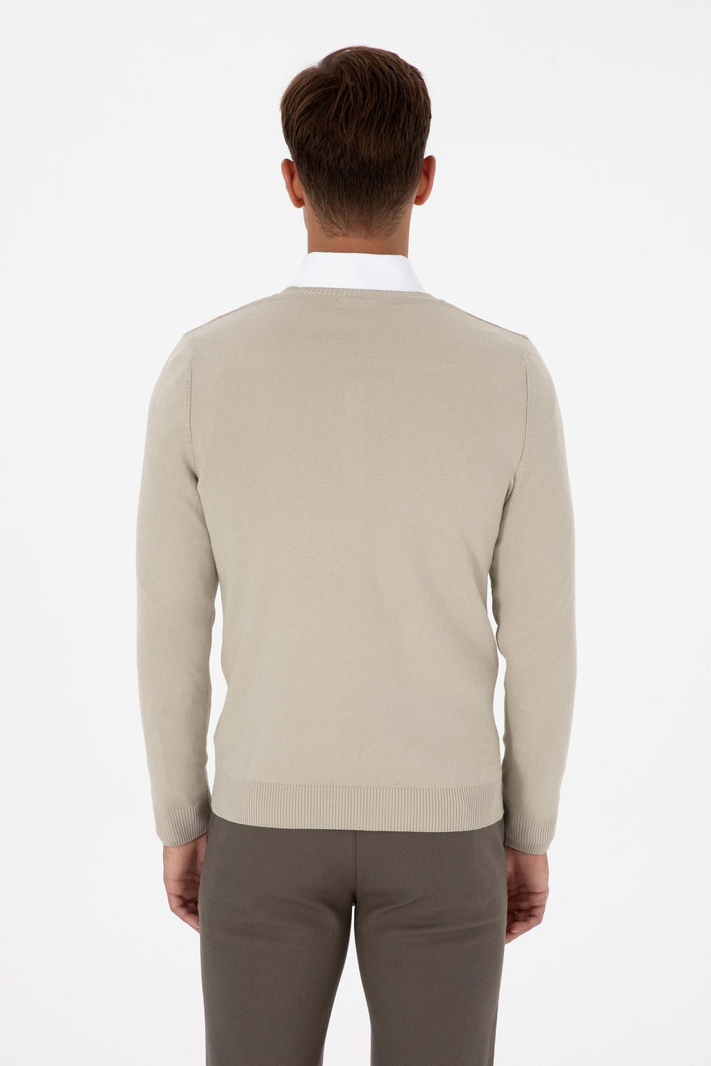 Erkek Slim Fit V Yaka A__k Haki Basic Kazak
