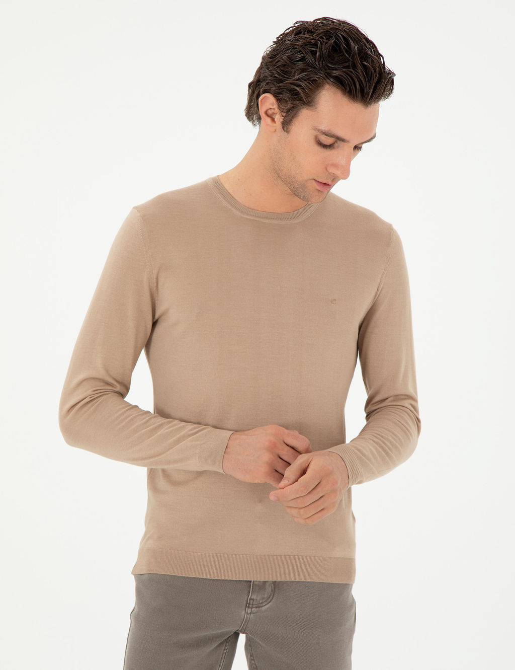 Bej Slim Fit Ka_mir _pek Kar___ml_ Bisiklet Yaka Triko Kazak