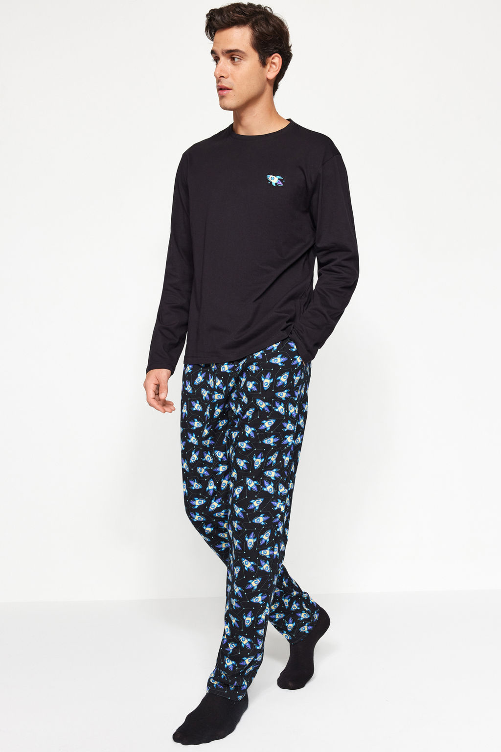 TRENDYOL MAN Erkek Siyah Bask?l? Regular Fit Orme %100 Pamuk Pijama Tak?m? TMNAW24PT00011 - Trendyolmilla фото 2