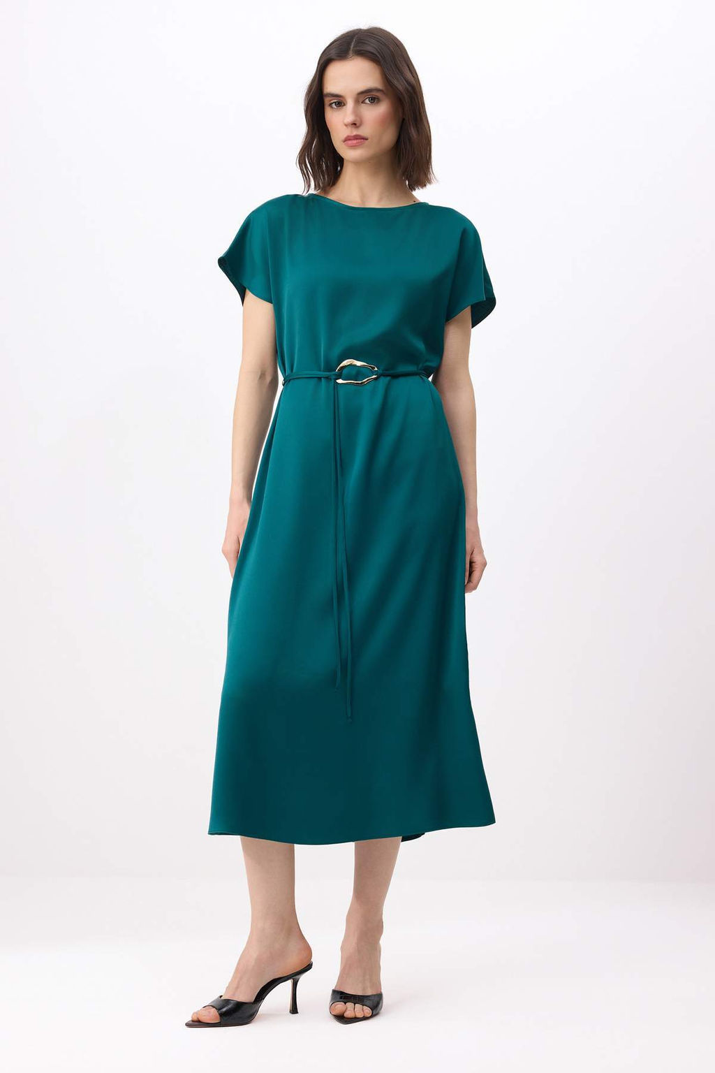 Zumrut Yesili Kemerli Midi Dokuma Elbise TWOSS26EL00120