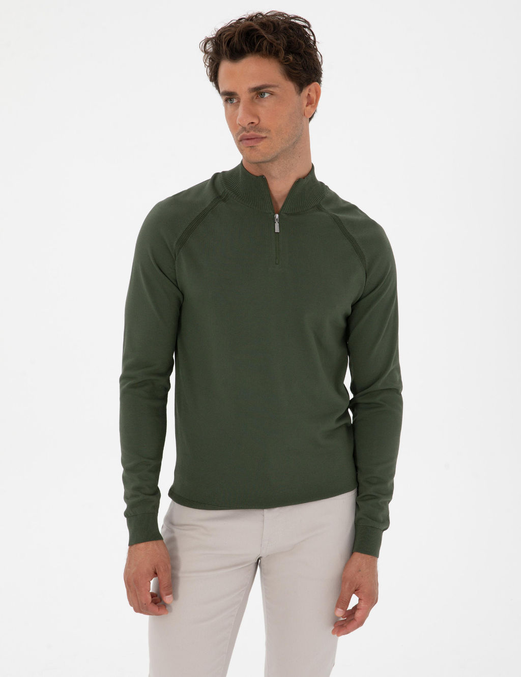 Koyu Haki Slim Fit Dik Yaka Fermuarl_ Triko Kazak - Pierre cardin фото 3