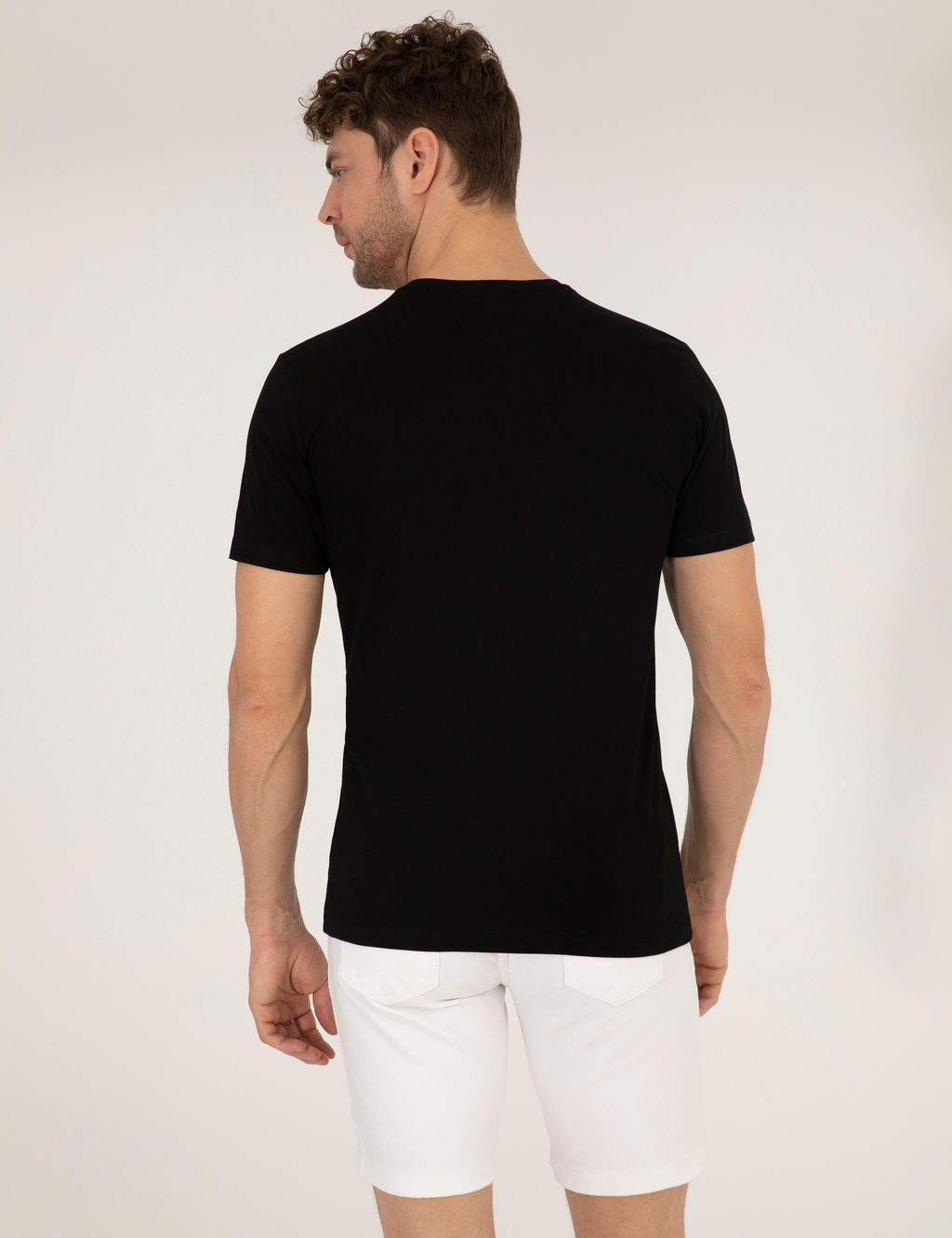 Siyah Slim Fit Bask_l_ Bisiklet Yaka Ti__rt