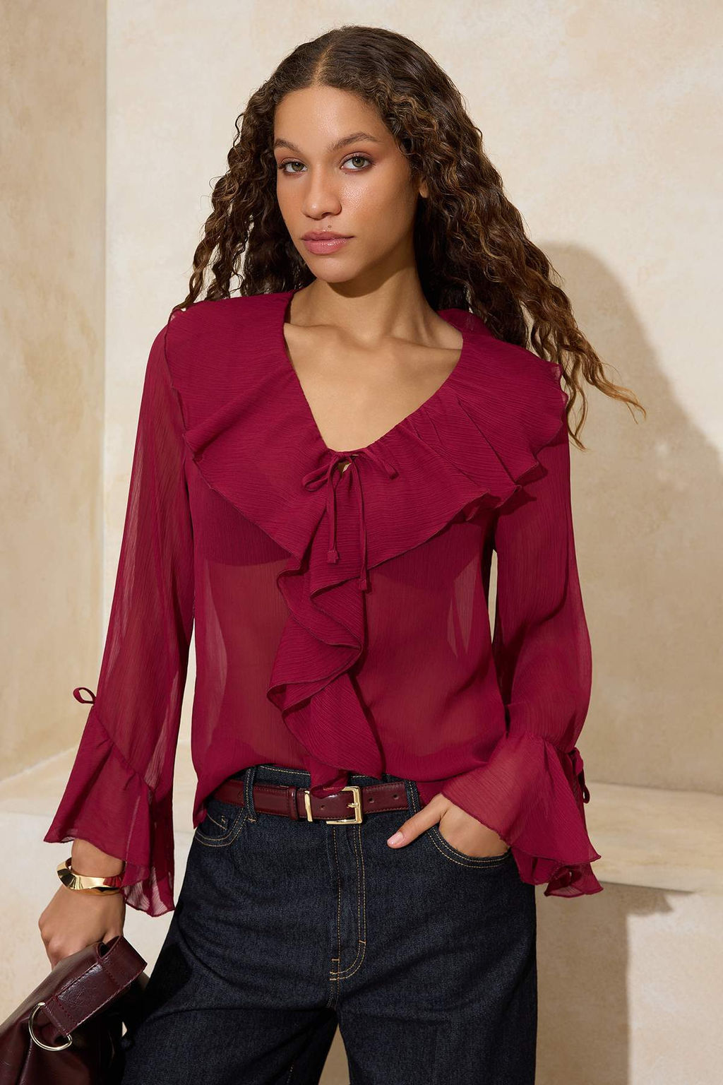 Bordo F?rf?r Detayl? Transparan Sifon Dokuma Bluz TWOSS26BZ00084