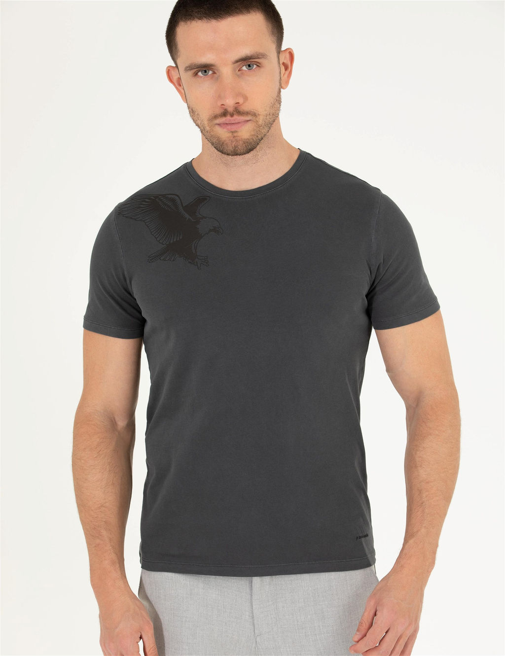 Siyah Slim Fit Kartal Bask_l_ Bisiklet Yaka Ti__rt - Pierre cardin фото 2