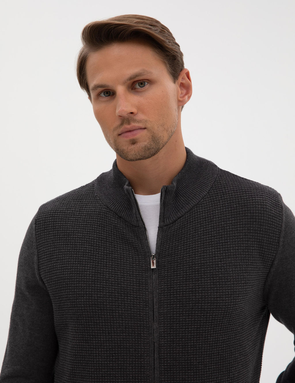 Koyu Antrasit Melanj Slim Fit Fermuarl_ Triko H_rka