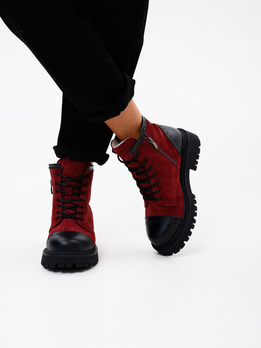 Ботинки 319.taskanabl.Бордо замша+черный/мех