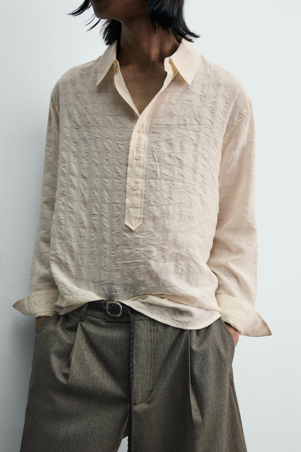 CAMISA POLO JACQUARD CUADROS EFECTO ARRUGADO / Blanco roto - Zara фото 6