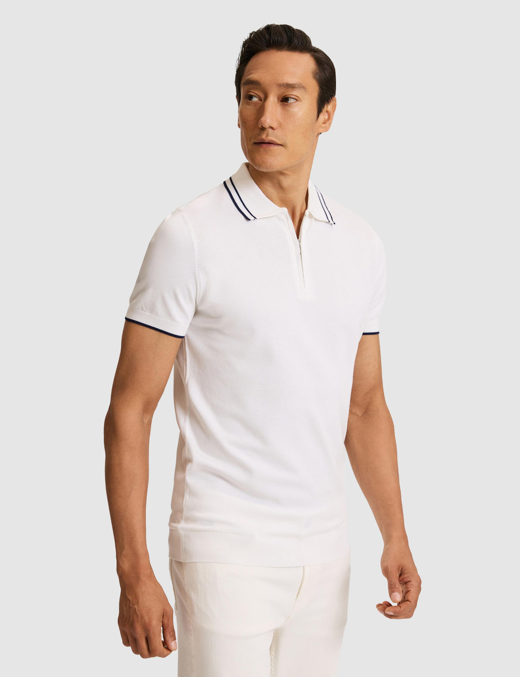 Beyaz Slim Fit Fermuarl_ Polo Yaka Triko T-shirt