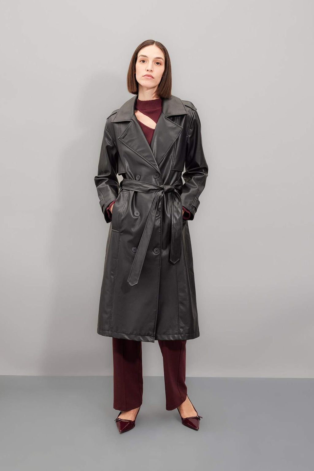 Su Itici Suni Deri Trenckot Kruvaze Yaka Dugmeli Kemerli Cepli - Defacto фото 2