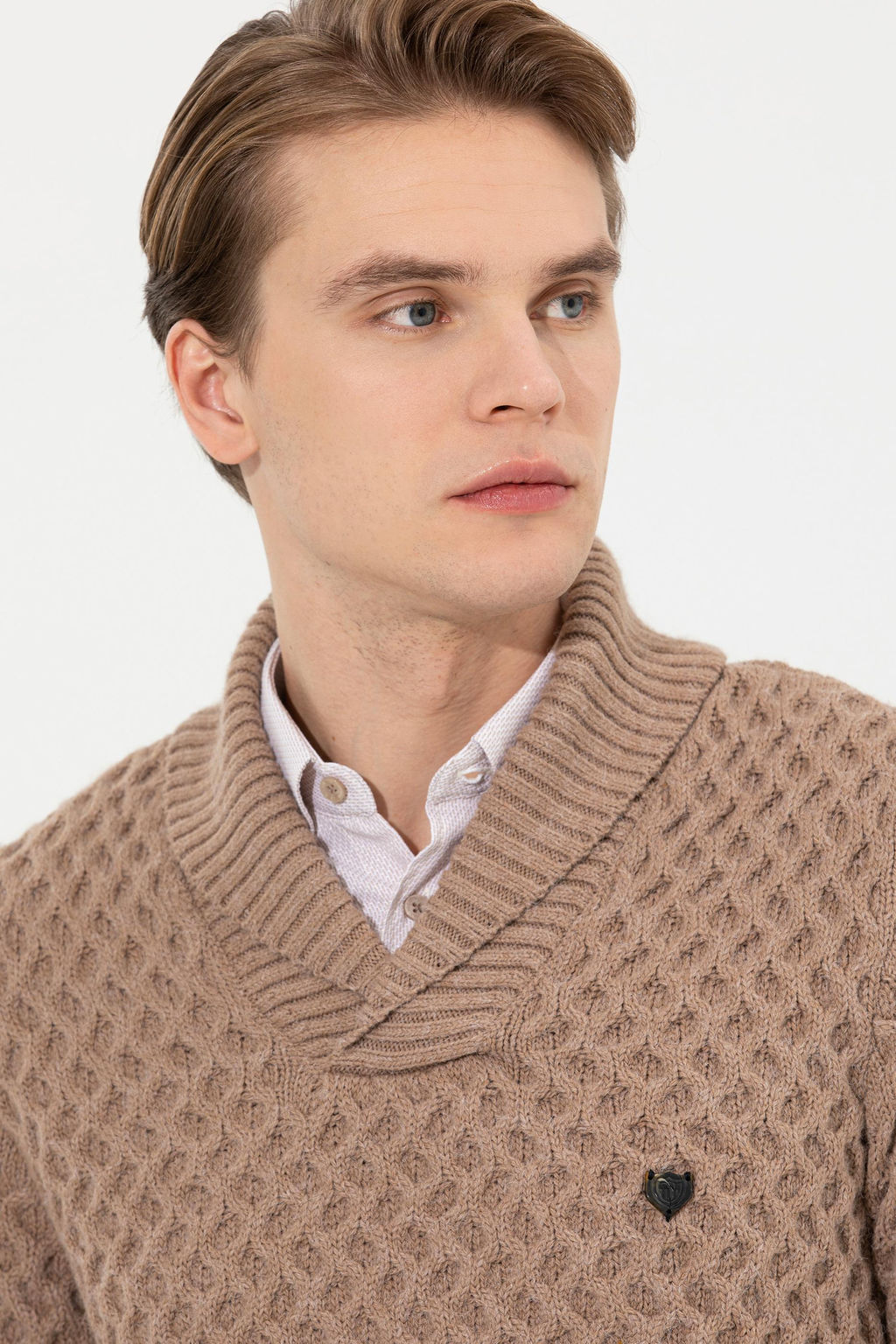 U. S. Polo Assn Мужской светло-коричневый меланжевый трикотаж с шалевым воротником - U.s. polo assn фото 4