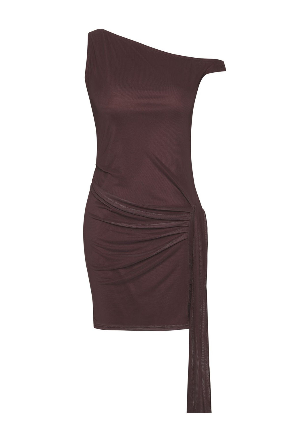 TRENDYOLMILLA Limited Edition Kahverengi Duz Asimetrik Bodycone/Vucuda Oturan Mini Orme Tul Elbise TWOSS25EL00464