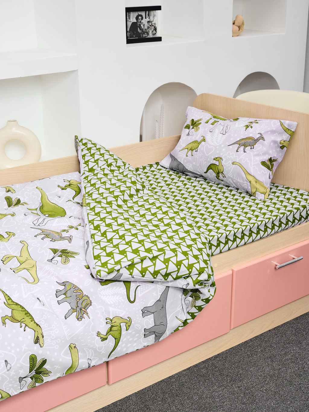 Постельное белье детское поплин с простыней на резинке - Юрский период 145*112; 80*160*20; 40*60