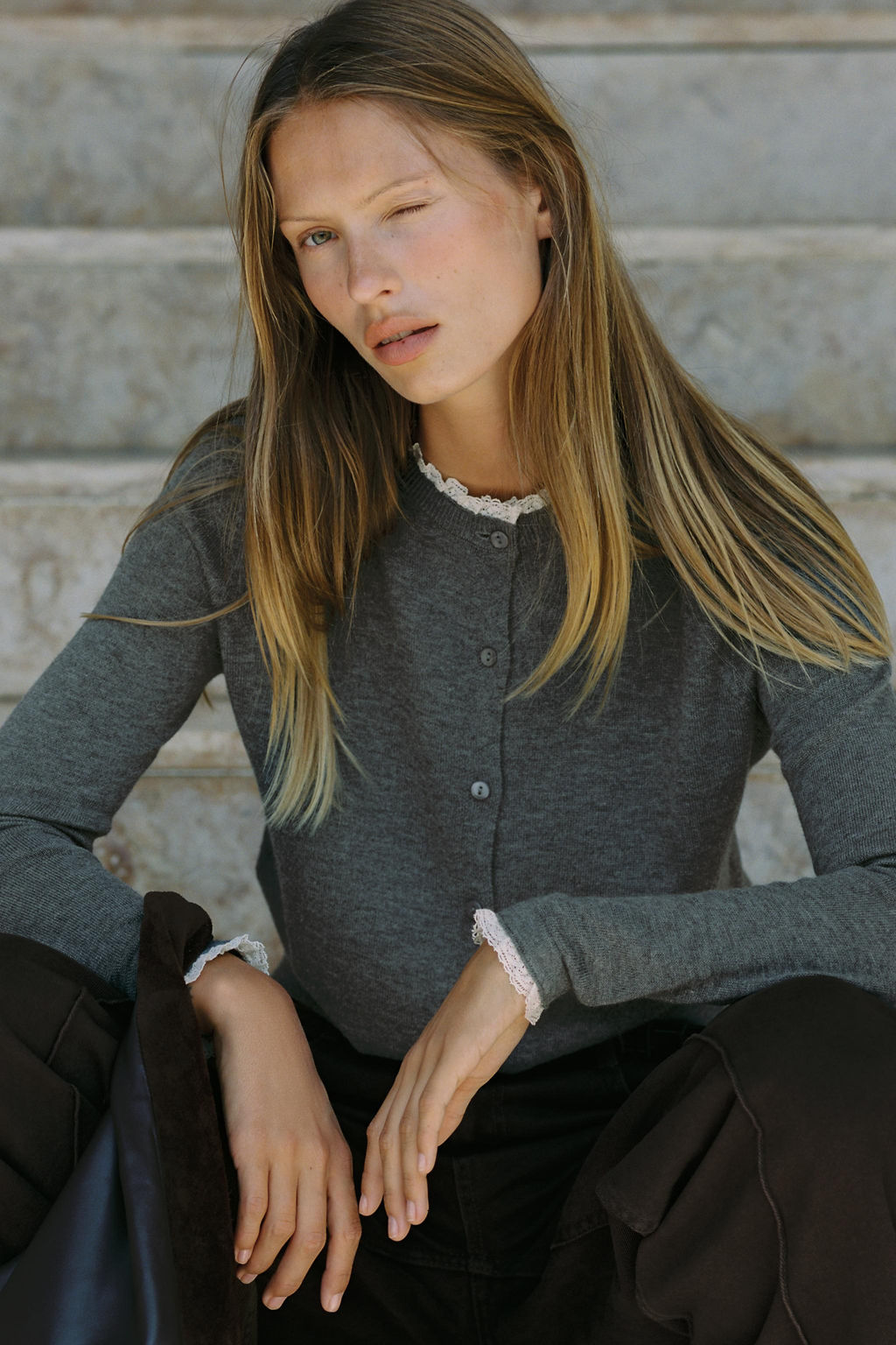 LACE TRIM COMBINATION CARDIGAN - Zara фото 5