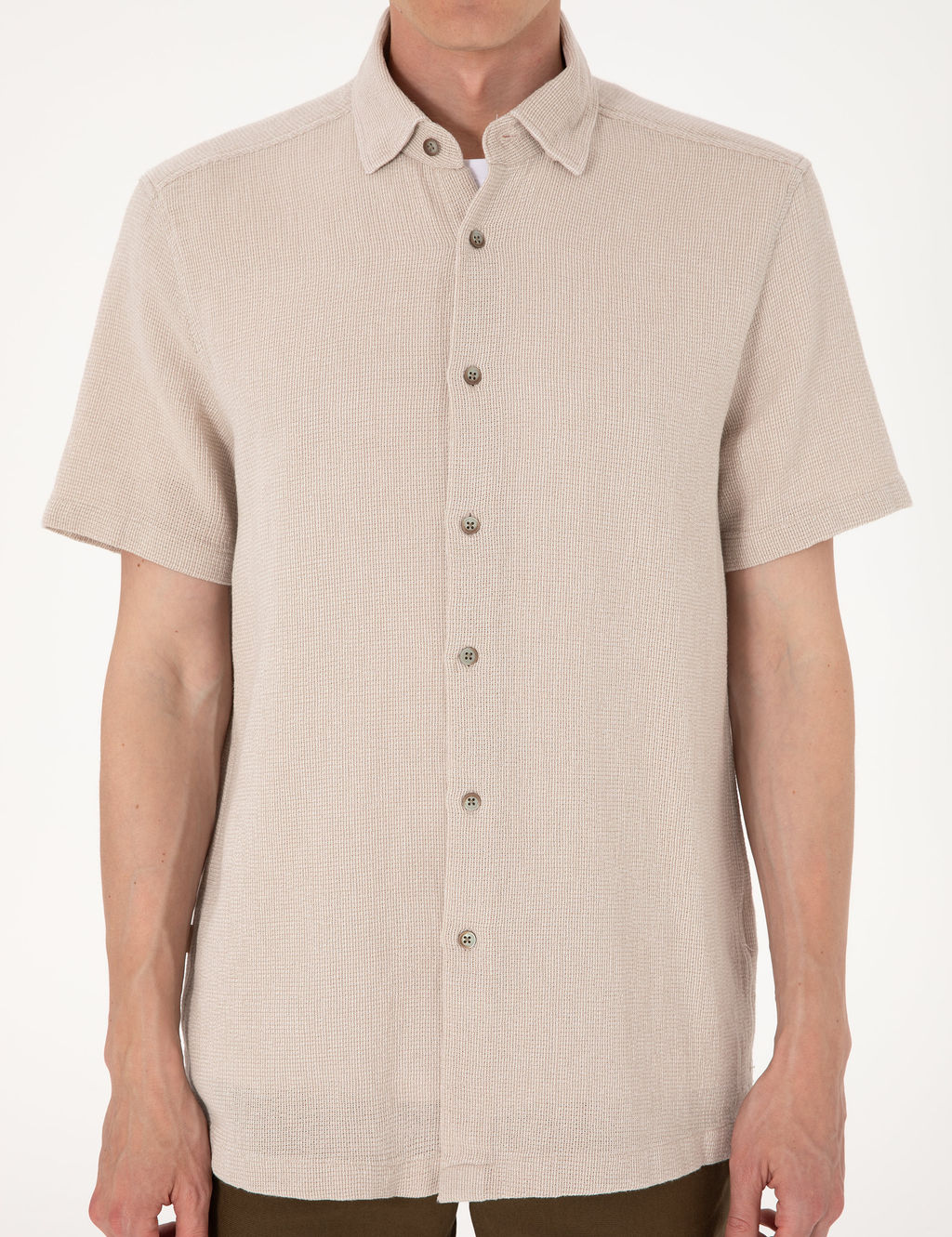 Bej Mikro Desenli %100 Pamuk Comfort Fit Rahat G_mlek