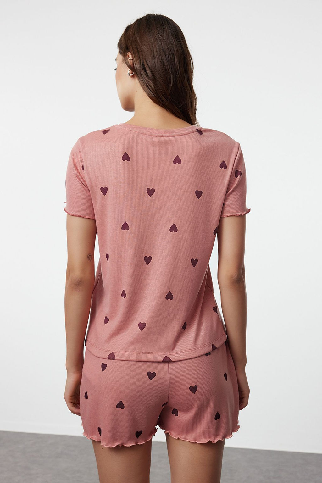 Trendyolmilla Gri Melanj Kalpli Slogan Bask?l? Lastikli Fitilli Sortlu Orme Pijama Tak?m? THMSS24PT00220  фото 33