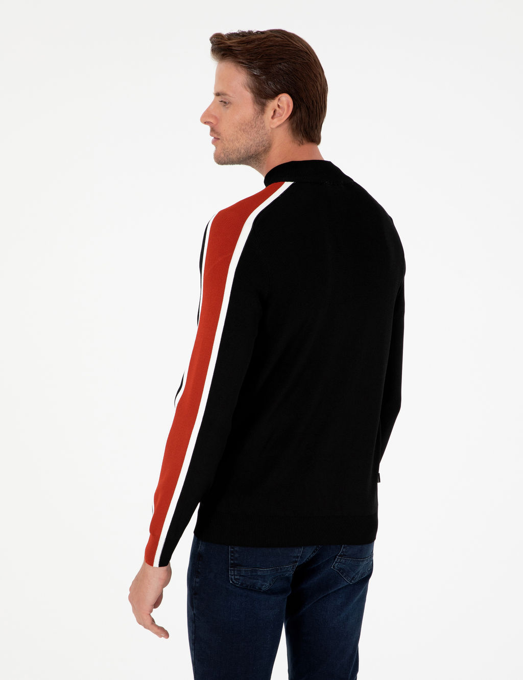 Siyah Slim Fit Y_n Kar___ml_ Fermuarl_ Triko H_rka