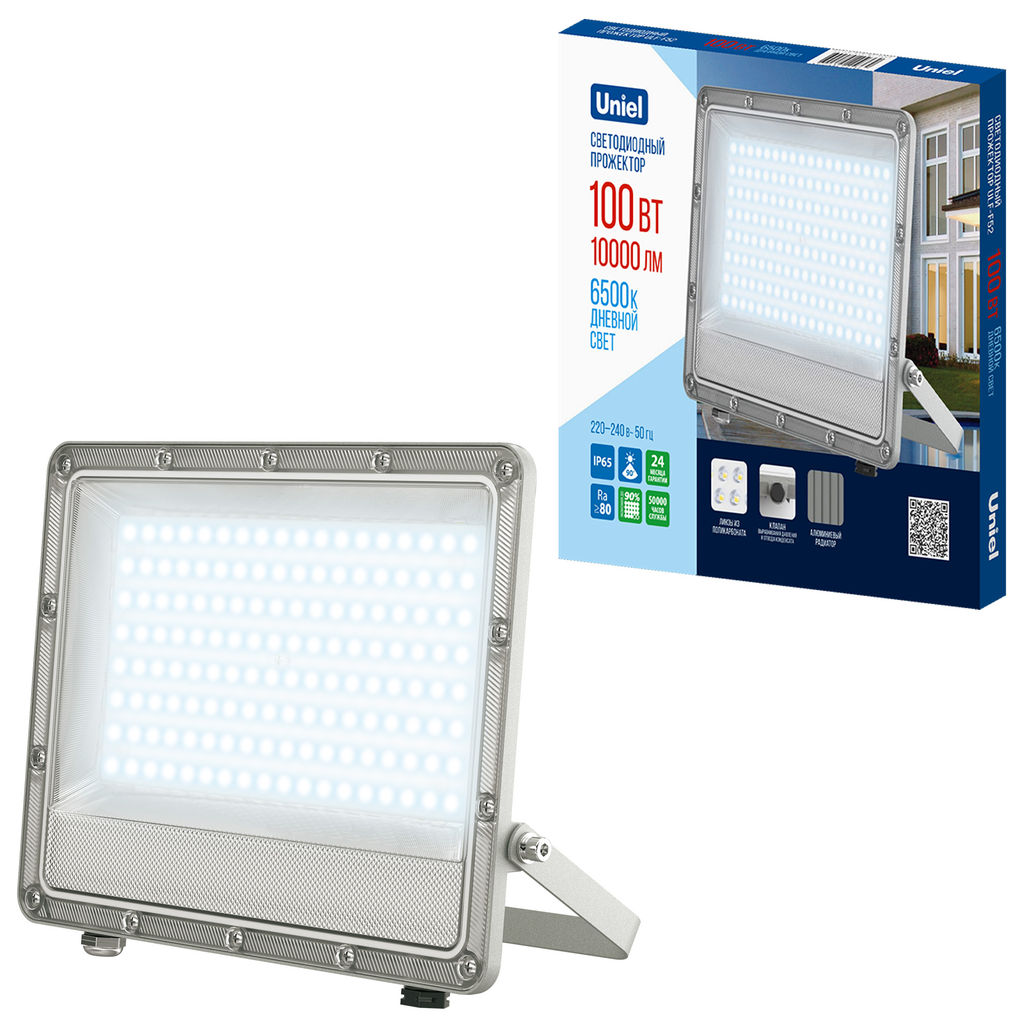 ULF-F52D-100W/6500K IP65 200-240V GREY Прожектор светодиодный. Дневной свет (6500K). Угол 90 градусов. Корпус серый. TM Uniel