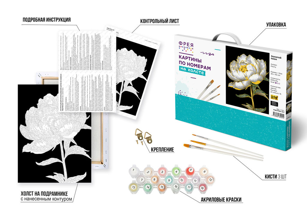 ФРЕЯ PNB/PMB-307 Набор для раскрашивания по номерам ( эффект черного холста ) ( с краской-металлик ) 40 х 30 см Золотой пион