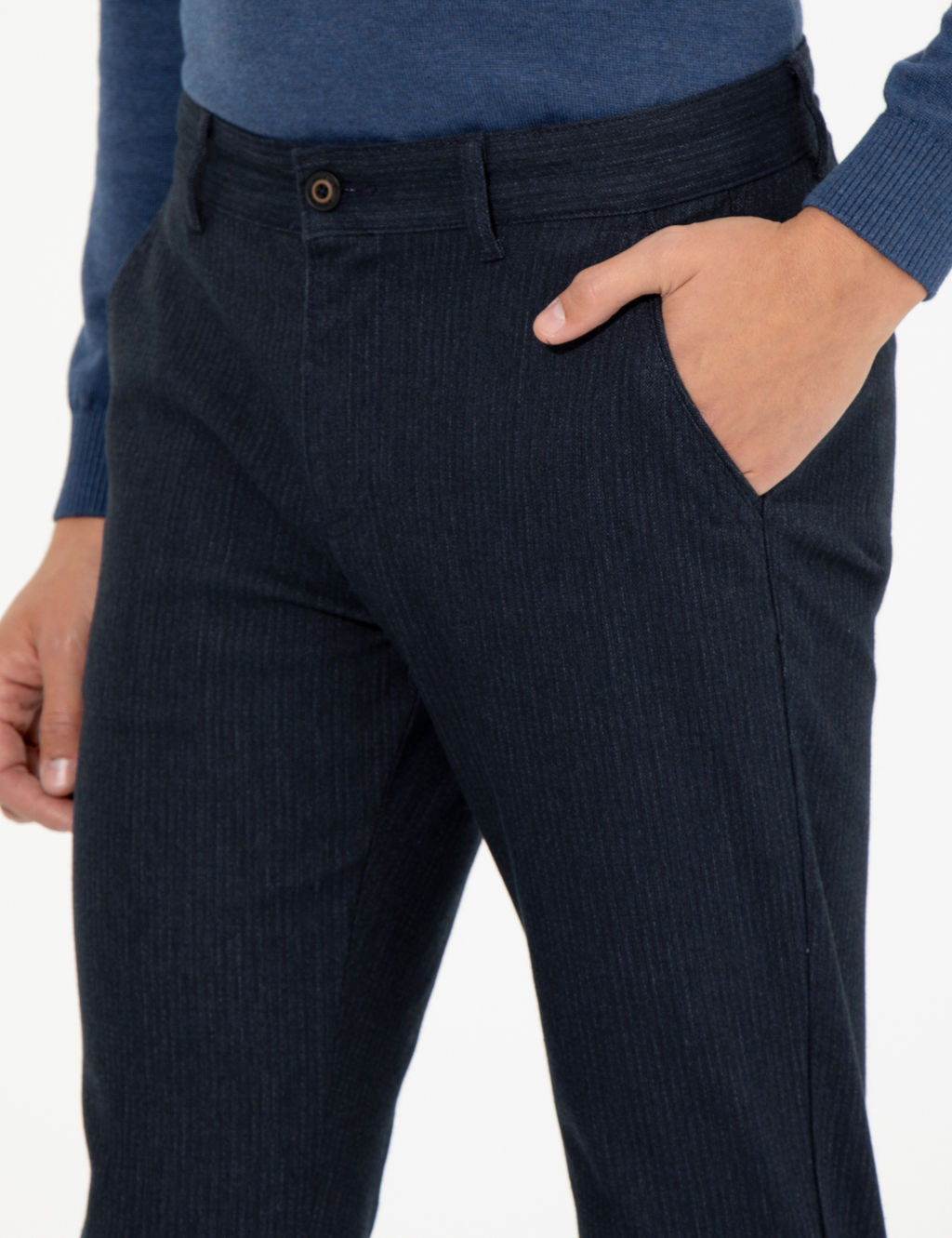 Lacivert Slim Fit Keten Kar___ml_ Chino Pantolon