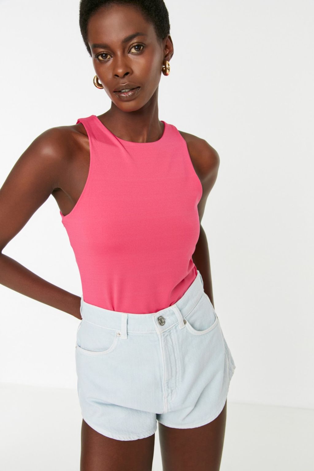Pembe Halter Yaka Vucuda Oturan Esnek Alttan C?tc?tl? Orme Body TWOSS20BD0044