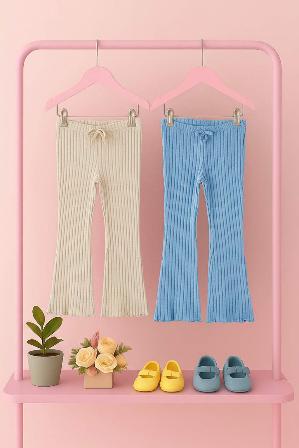 Mavi-Bej Pamuklu Yumusak Esnek 2li K?z Cocuk Duz Orme Tayt TKDAW26TA00005 - Trendyolmilla фото 3