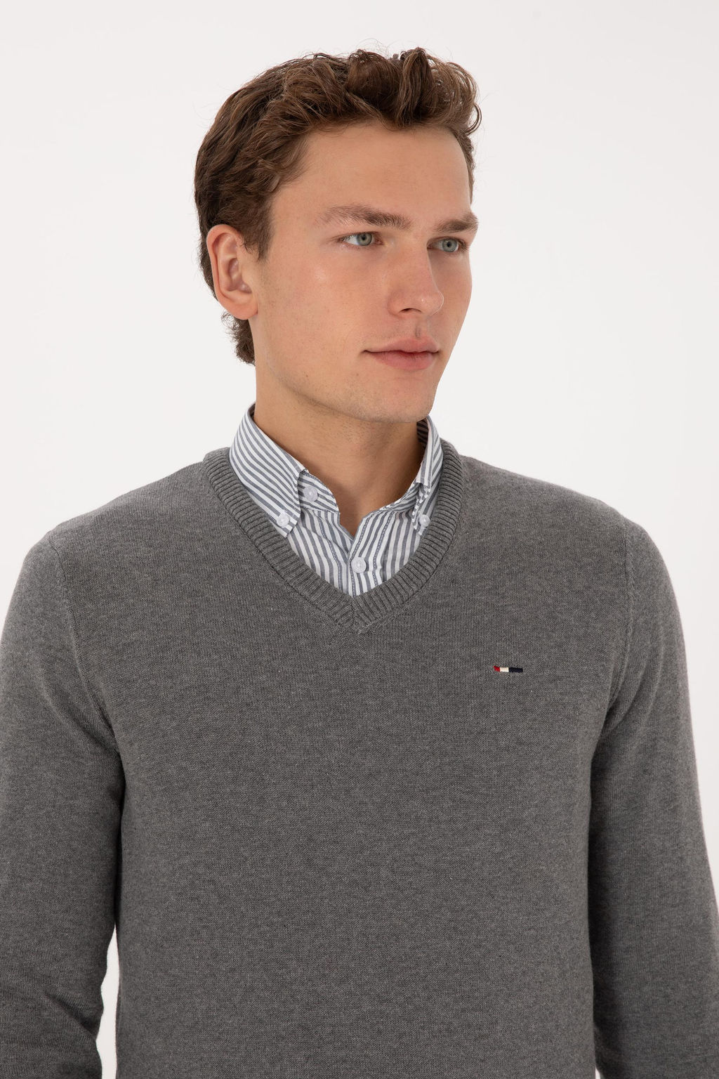Erkek Slim Fit V Yaka Gri Melanj Basic Kazak - U.s. polo assn фото 2