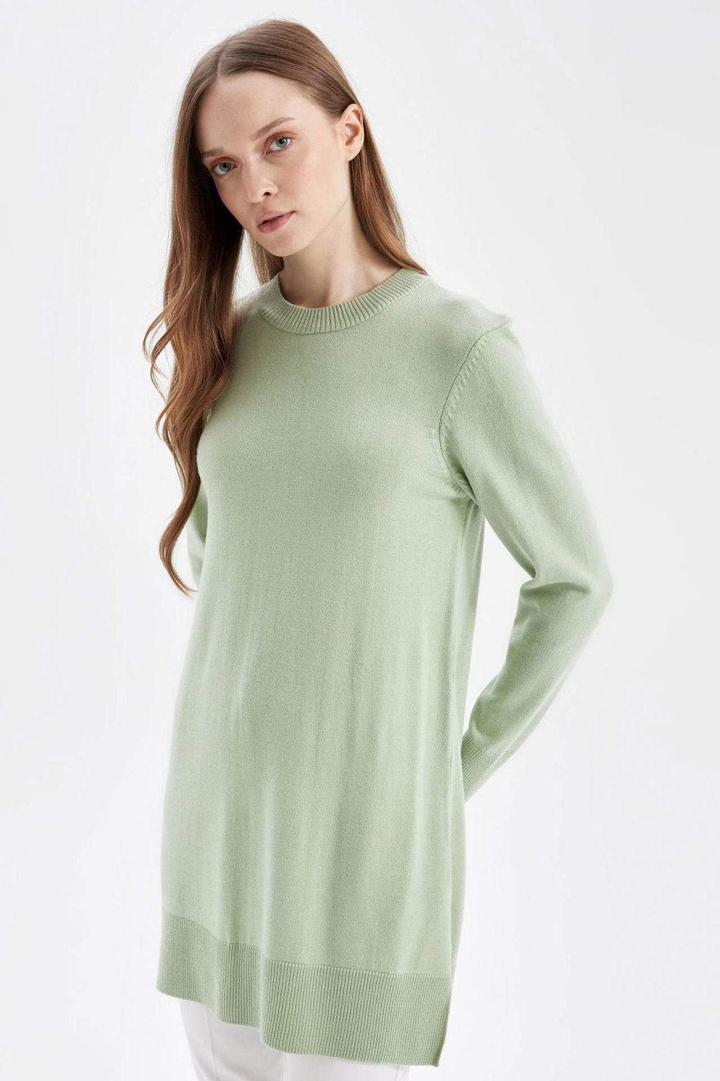 Regular Fit Bisiklet Yaka Y?rtmacl? Basic Duz Triko Kazak Tunik - Defacto фото 2