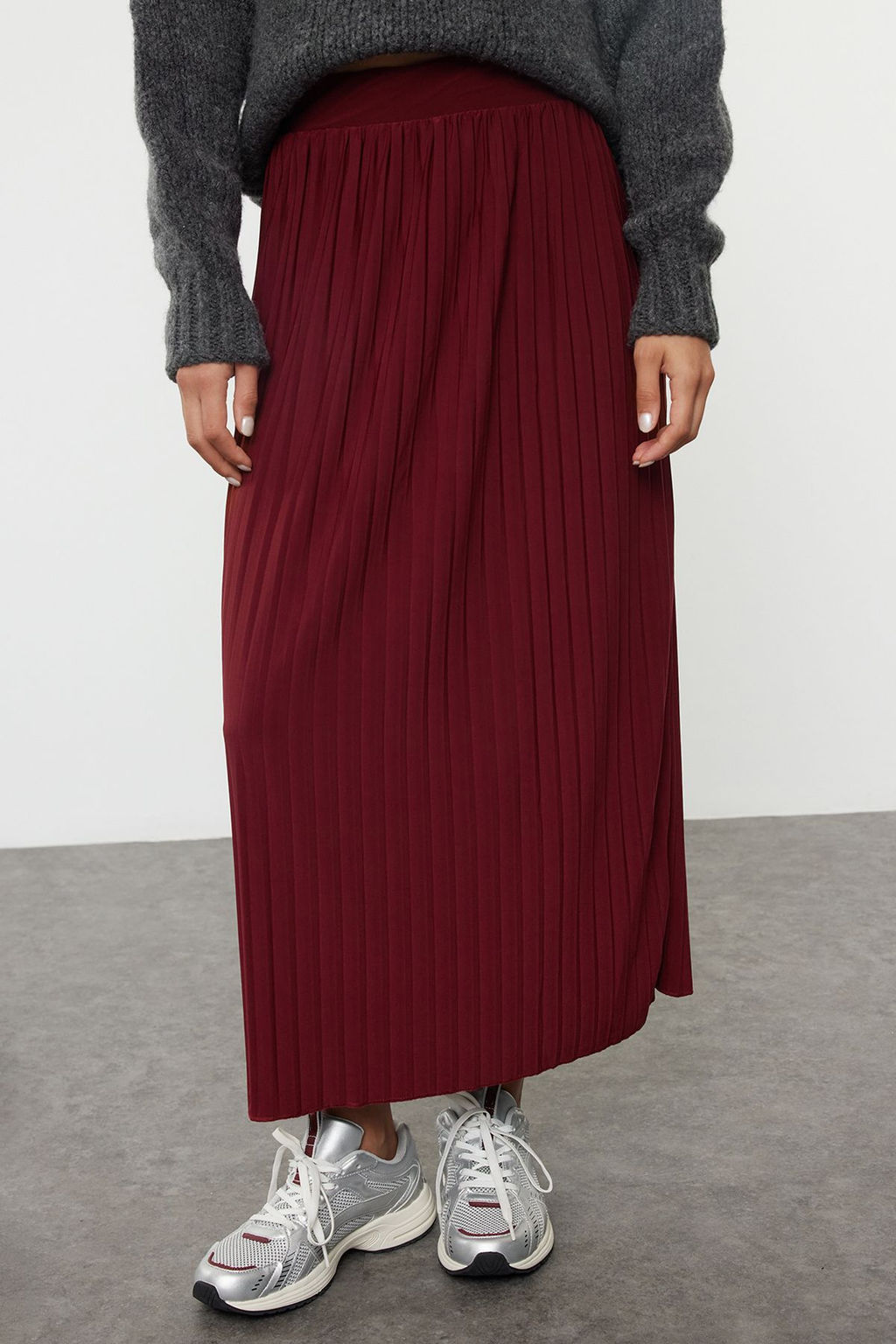 Bordo Yuksek Bel Pilise Esnek Maxi Orme Etek TWOAW25ET00041