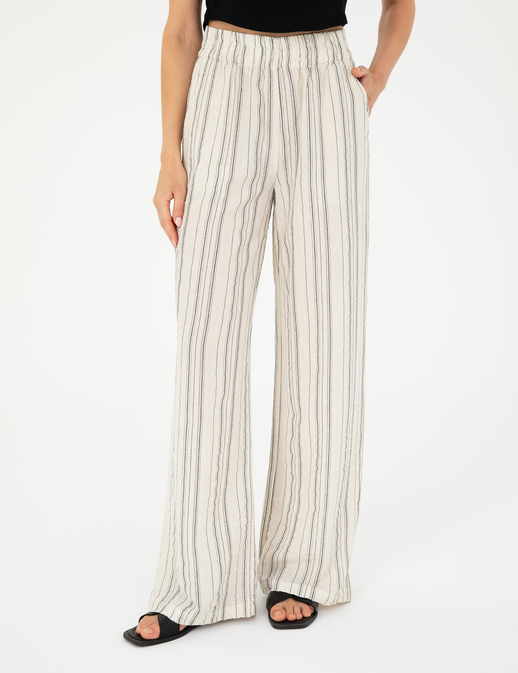 Ekru Dokulu Y_ksek Bel Loose Fit Pantolon