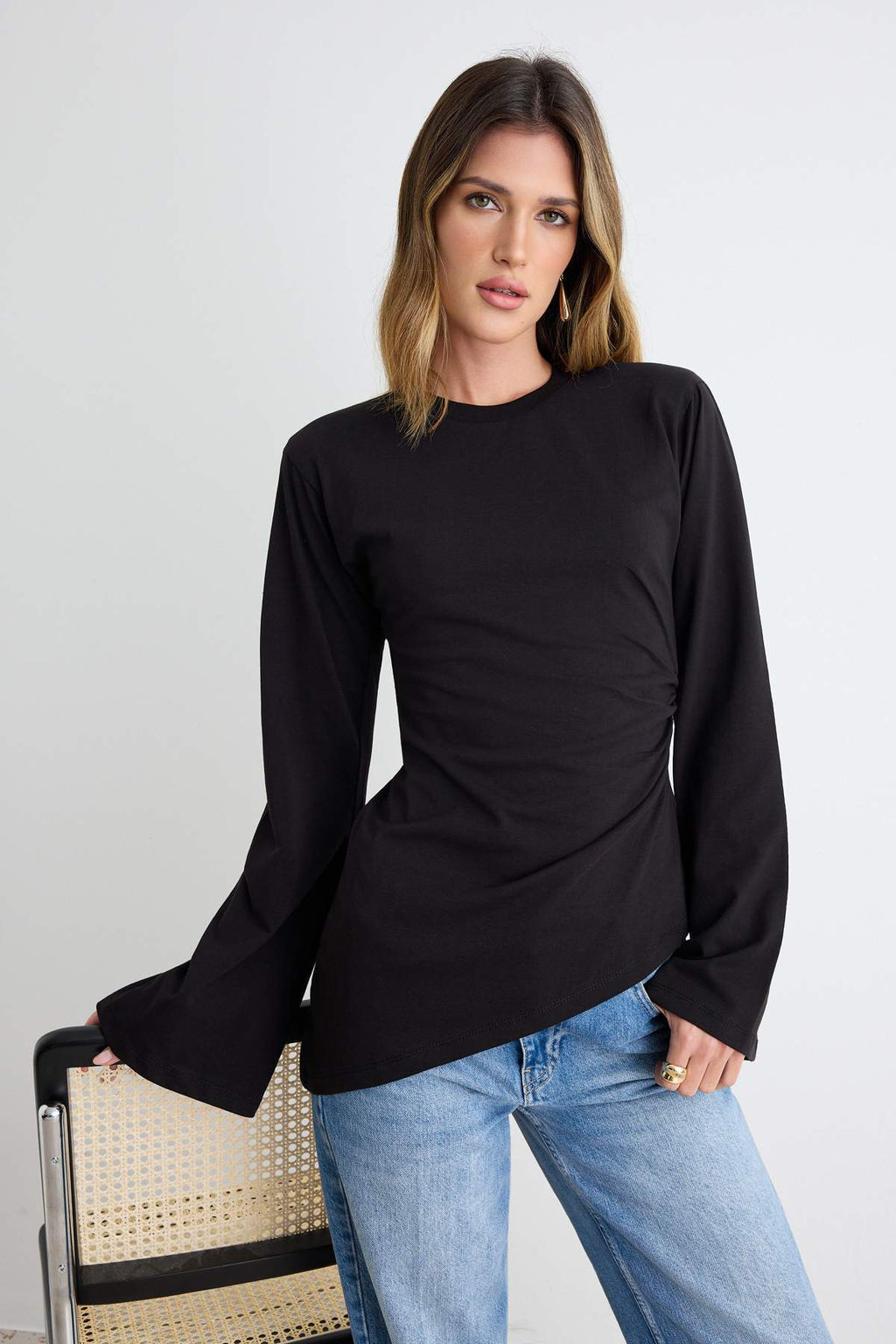 Siyah %100 Pamuk Bele Oturan Asimetrik Bisiklet Yaka _rme T-Shirt TWOAW27TS00011 - Trendyolmilla фото 2