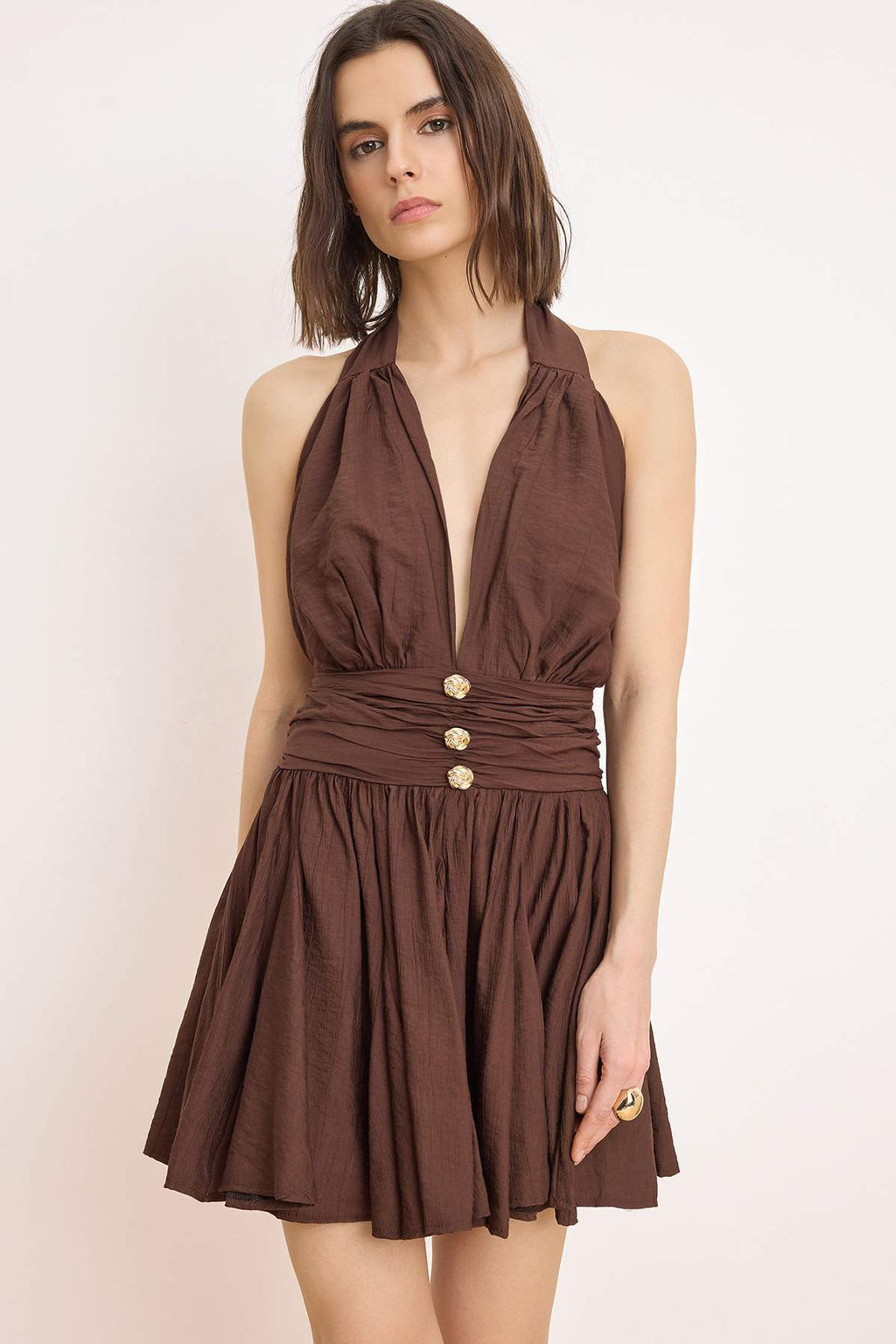 Koyu Kahverengi Duz Baglama Detayl? K?sa / Mini Dokuma Elbise TPRSS25EL00319