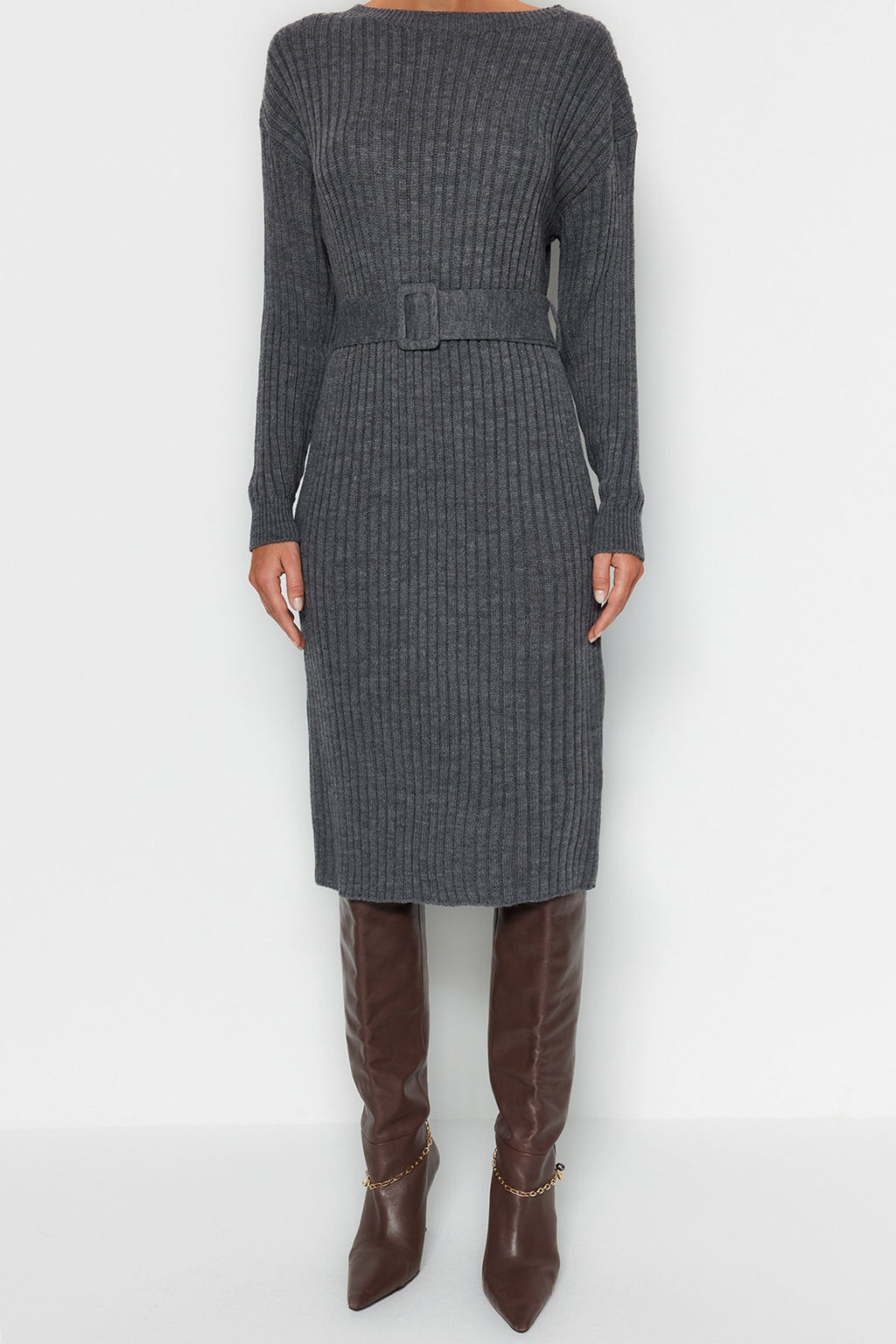 Antrasit Mini Triko Kemerli Elbise TWOAW23EL00444