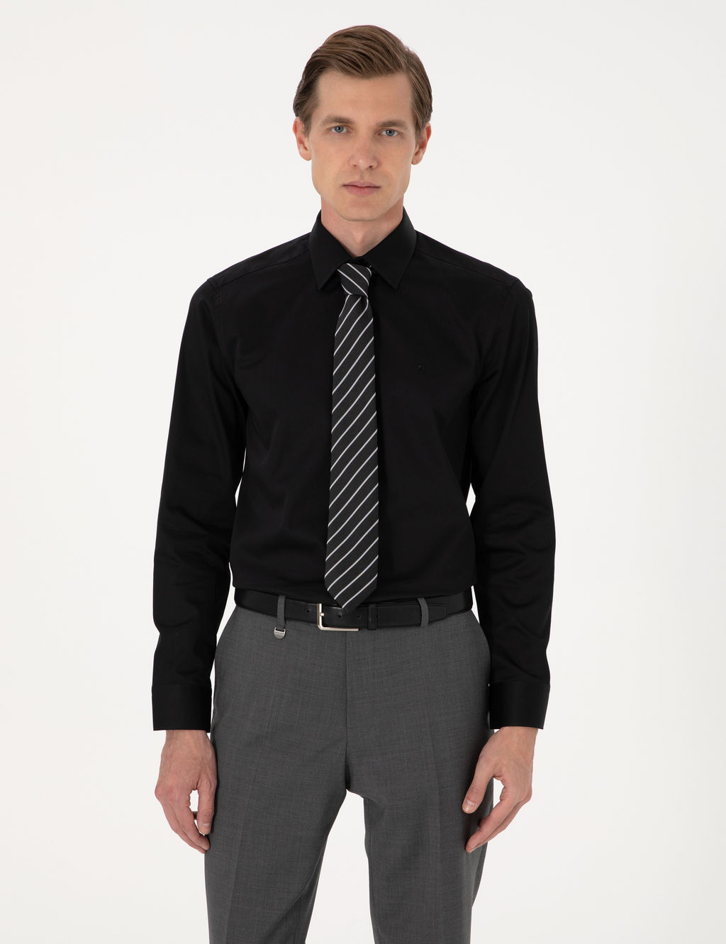 Siyah %100 Pamuk Parlak Saten Slim Fit Uzun Kollu Basic G_mlek