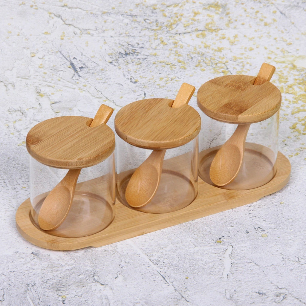 Банка стеклянная для специй 300мл "Хай-Тек" в наборе 3шт на бамбуковой подставке