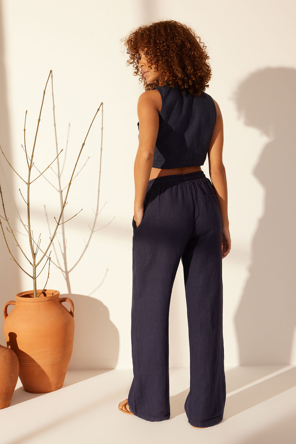 Lacivert %100 Keten Beli Lastikli Yuksek Bel Wide Leg Pantolon TWOSS24JE00249 - Trendyolmilla фото 6
