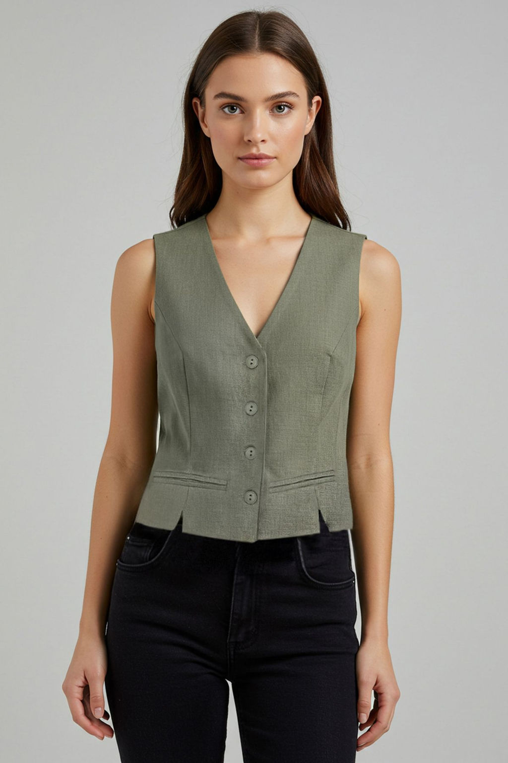 Ac?k Haki Fitted Keten Gorunumlu V Yaka Crop Dokuma Yelek TWOSS25YE00028