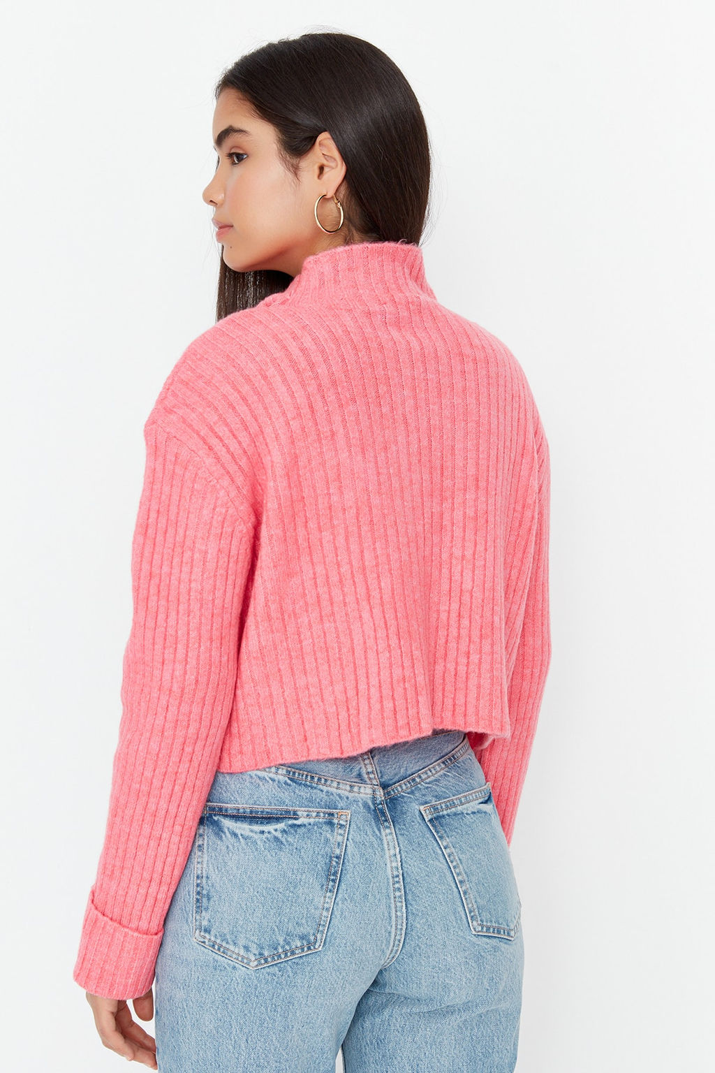 Pembe Crop Yumusak Dokulu Dik Yaka Triko H?rka TWOAW22HI0174