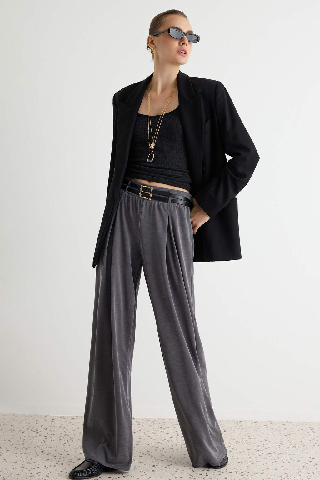 Antrasit D_z Wide Leg/Geni_ Pa_a _ift Kemerli Uzun Modal Kuma_ _rme Pantolon TWOAW27PL00018 - Trendyolmilla фото 2