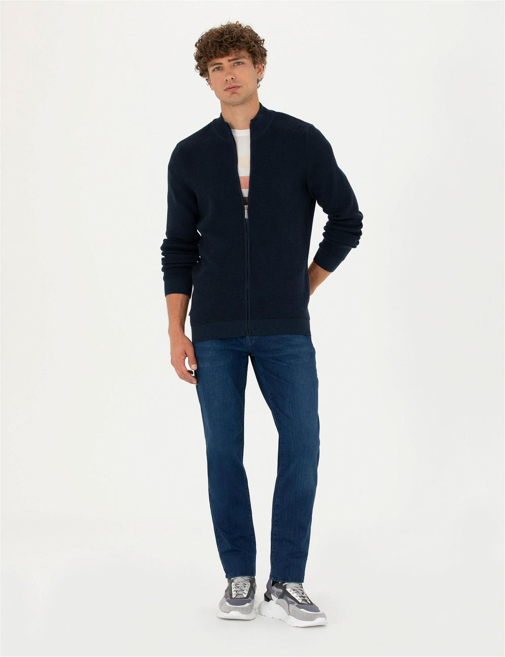 Lacivert Melanj Slim Fit Fermuarl_ Triko H_rka