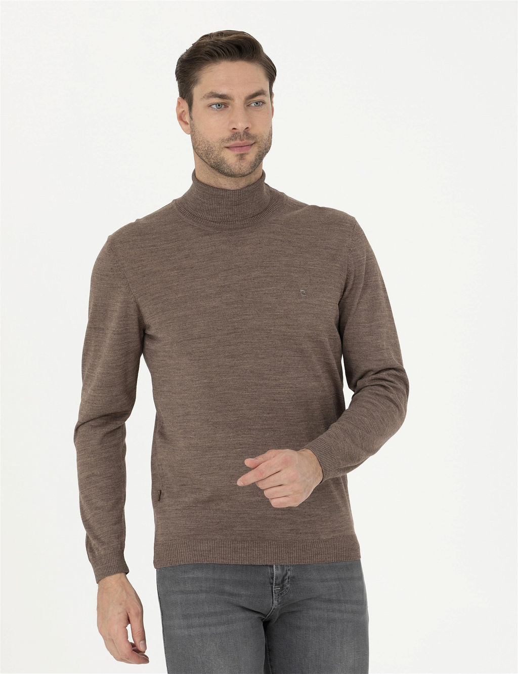 A__k Kahverengi Slim Fit Bal_k__ Yaka Y_n Kar___ml_ Basic Triko Kazak
