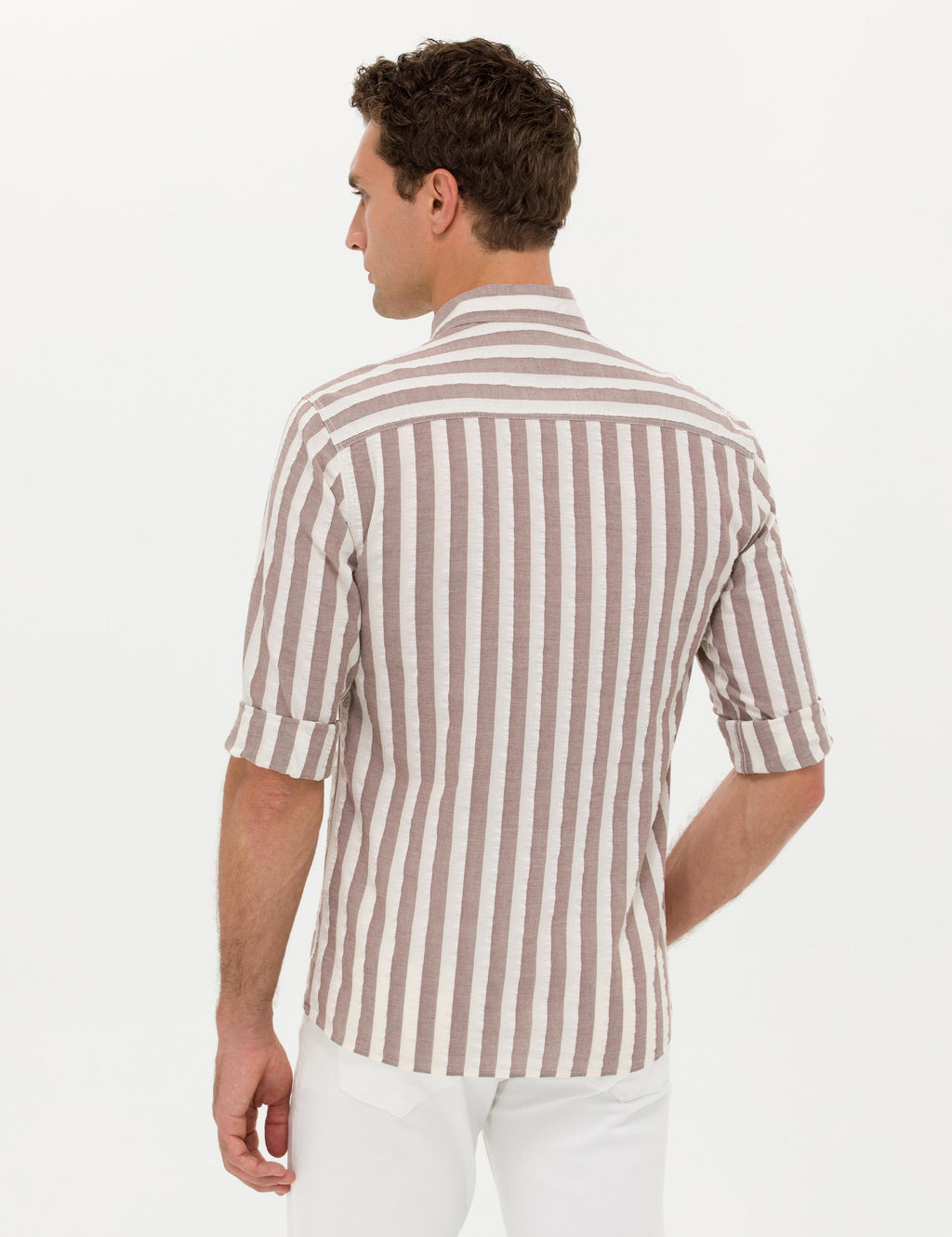 Коричневая приталенная рубашка в полоску с длинным рукавом - Cacharel фото 5