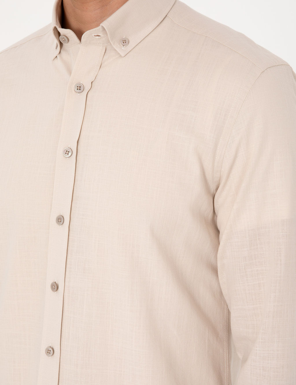 Bej Keten G_r_n_ml_ Slim Fit Uzun Kollu G_mlek