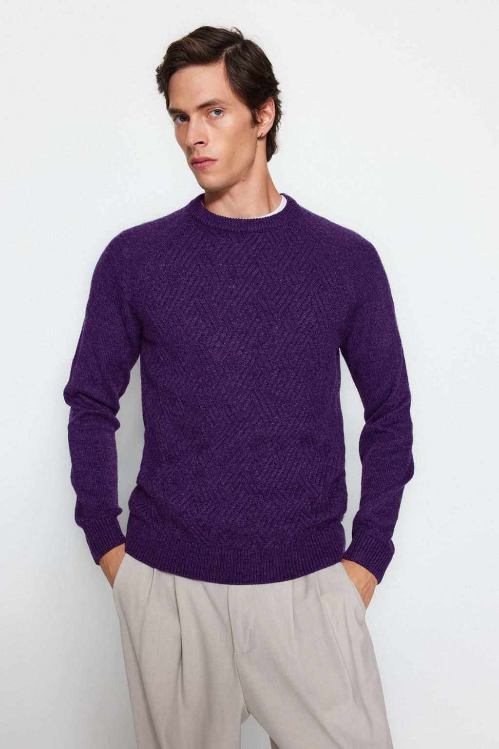 TRENDYOL MAN Gri Unisex Fit Yunlu Bisiklet Yaka Reglan Kol Dokulu Yun Kar?s?ml? Triko Kazak TMNAW22KZ0290 - Trendyolmilla фото 19