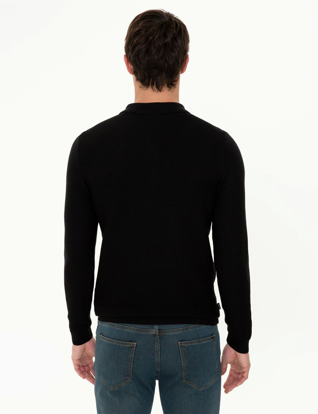 Siyah Slim Fit Fermuarl_ Polo Yaka Triko Kazak