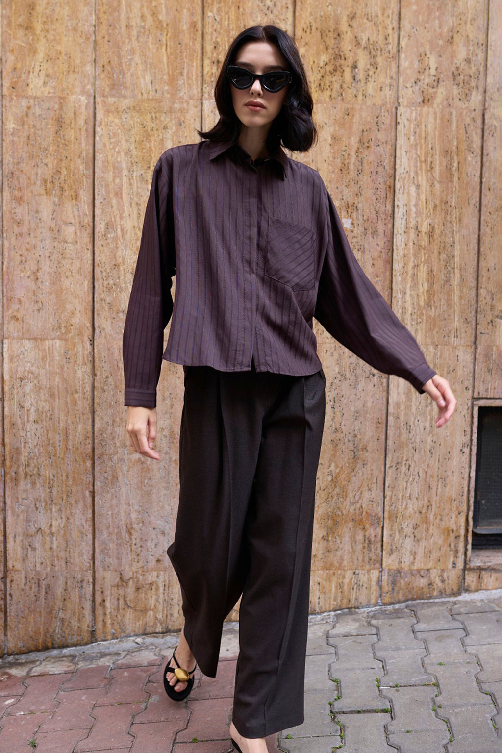 Kahverengi Cizgili Oversize Dokuma Gomlek TWOAW26GO00138 - Trendyolmilla фото 2