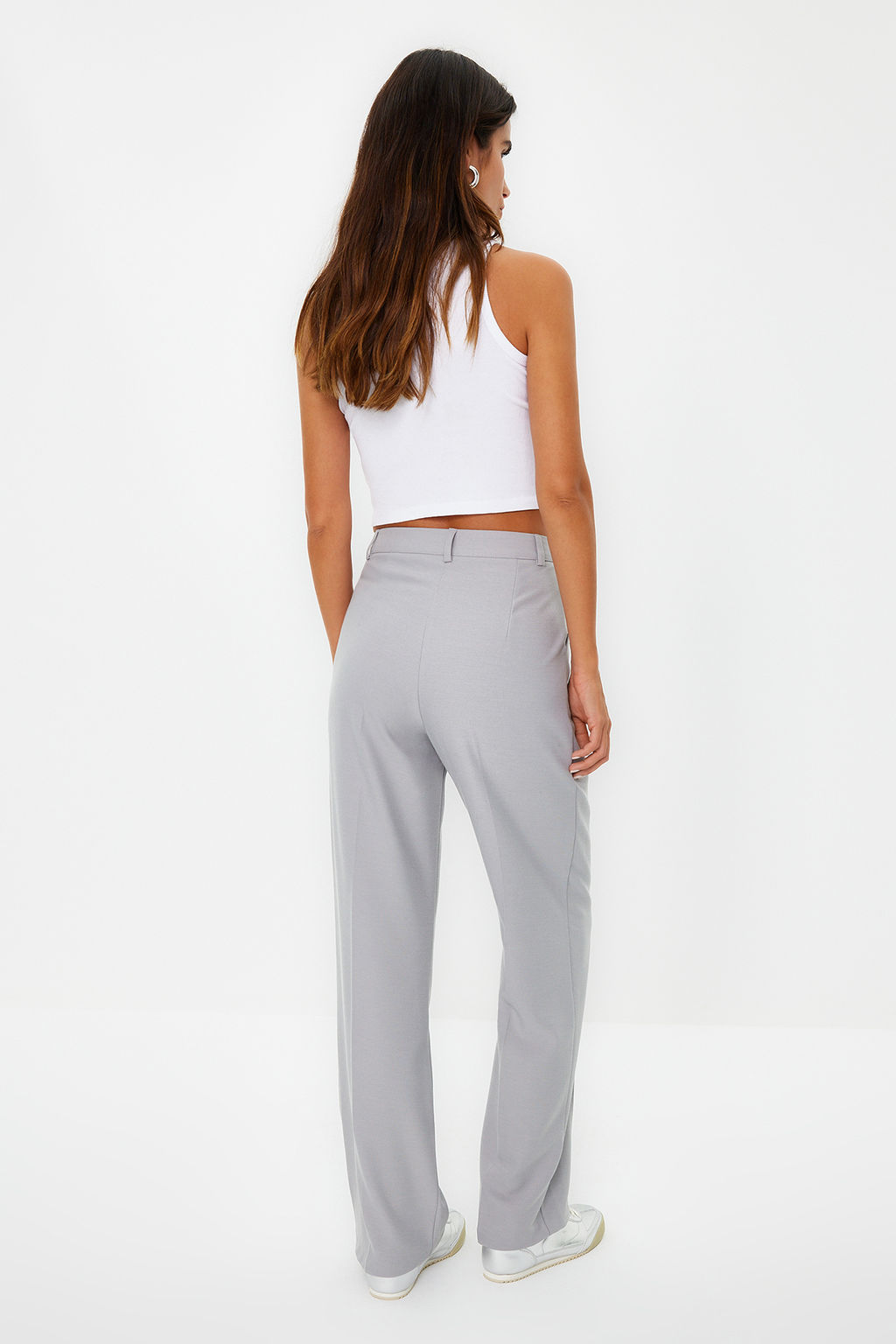Limited Edition Gri Straight/Duz Kesim Pilili Dokuma Pantolon TWOAW23PL00401
