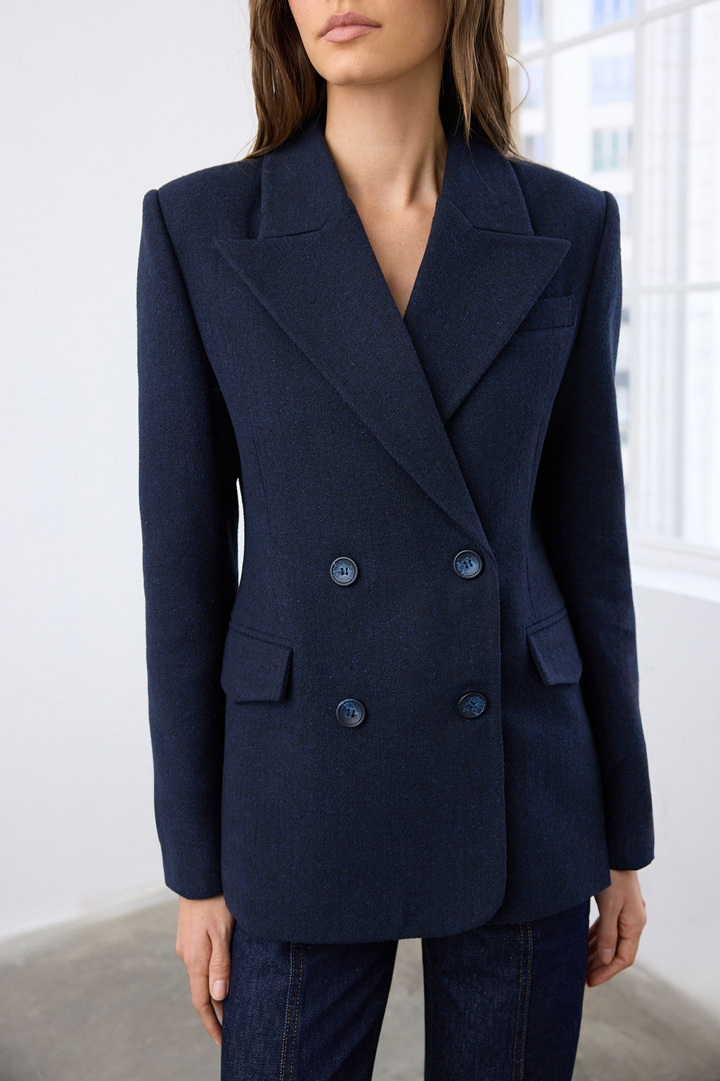 Lacivert Kase Bal?ks?rt? Kruvaze Kapama Normal Kal?p Dokuma Blazer Ceket TWOAW26BC00037 - Trendyolmilla фото 3